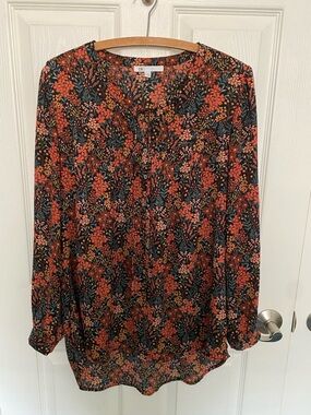 DR2 Floral Long-Sleeve Split-Neck Blouse - Rust Multi